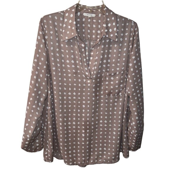 Pleione Tops - Pleione Top Womens Large Polka Dot Pullover Blouse Collared V-Neck feminine